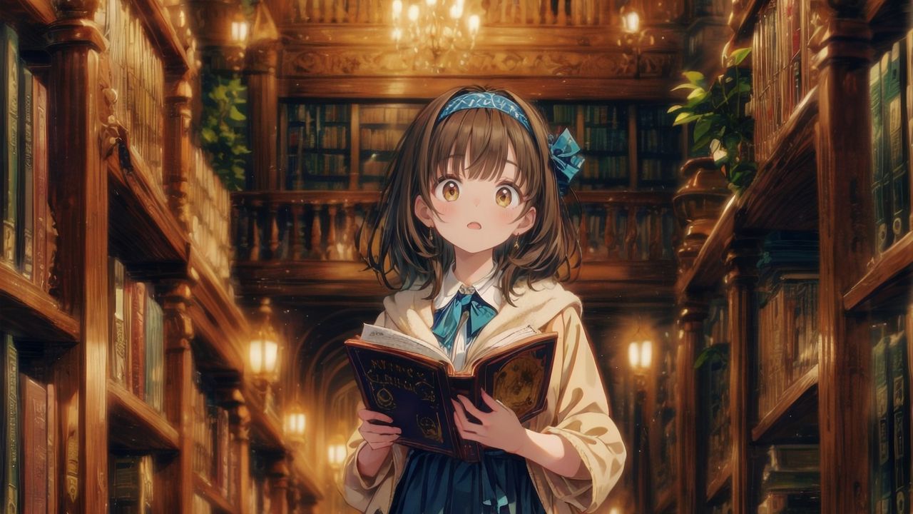Обои девушка, книги, библиотека, арт, аниме