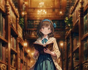 Превью обои девушка, книги, библиотека, арт, аниме