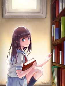 Превью обои девушка, книги, взгляд, аниме