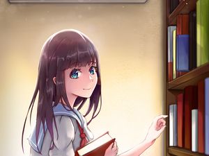 Превью обои девушка, книги, взгляд, аниме