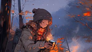 Превью обои девушка, кофе, костер, осень, арт, аниме