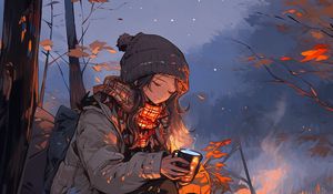 Превью обои девушка, кофе, костер, осень, арт, аниме