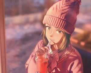 Превью обои девушка, коктейль, аниме, взгляд, милый