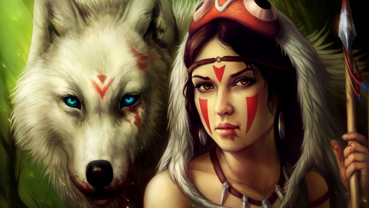 Обои девушка, копье, воительница, волк