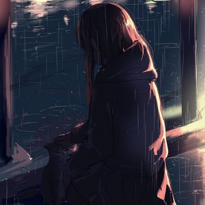 Превью обои девушка, кошка, друзья, дождь, аниме