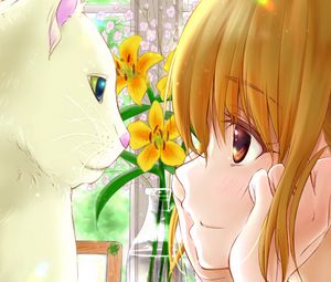 Превью обои девушка, кошка, ваза, цветы, аниме