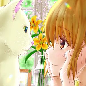 Превью обои девушка, кошка, ваза, цветы, аниме