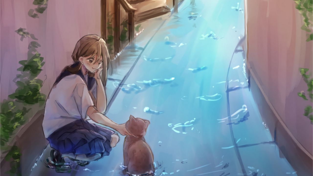 Обои девушка, кошка, вода, улица, аниме