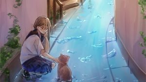 Превью обои девушка, кошка, вода, улица, аниме