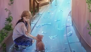 Превью обои девушка, кошка, вода, улица, аниме