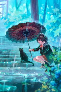 Превью обои девушка, кошка, зонт, дождь, аниме
