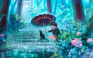 Превью обои девушка, кошка, зонт, дождь, аниме