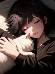 Превью обои девушка, кот, объятия, аниме