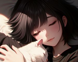 Превью обои девушка, кот, объятия, аниме