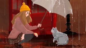 Превью обои девушка, кот, зонтик, дождь, арт