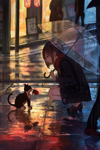 Превью обои девушка, котенок, цветок, аниме, улица, дождь