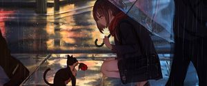 Превью обои девушка, котенок, цветок, аниме, улица, дождь