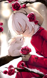 Превью обои девушка, кролик, счастье, улыбка, розы, аниме