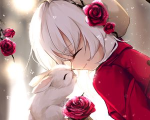 Превью обои девушка, кролик, счастье, улыбка, розы, аниме