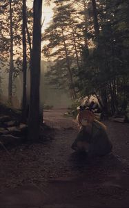 Превью обои девушка, лес, природа, одиночество, аниме, арт