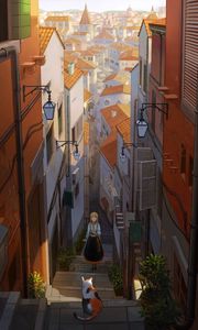 Превью обои девушка, лестница, кот, здания, аниме, арт