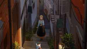 Превью обои девушка, лестница, кот, здания, аниме, арт