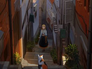 Превью обои девушка, лестница, кот, здания, аниме, арт