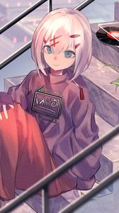 Превью обои девушка, лестница, цветок, растение, аниме, арт