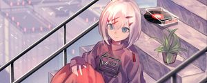 Превью обои девушка, лестница, цветок, растение, аниме, арт