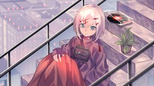 Превью обои девушка, лестница, цветок, растение, аниме, арт