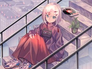 Превью обои девушка, лестница, цветок, растение, аниме, арт