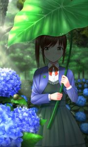Превью обои девушка, листок, зонтик, гортензии, цветы, аниме