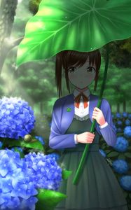 Превью обои девушка, листок, зонтик, гортензии, цветы, аниме