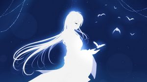 Превью обои девушка, луна, арт, птицы, отражение, белый