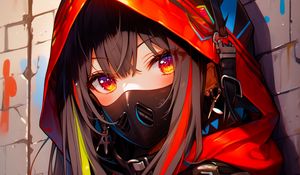 Превью обои девушка, маска, капюшон, арт, яркий, аниме