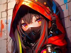 Превью обои девушка, маска, капюшон, арт, яркий, аниме