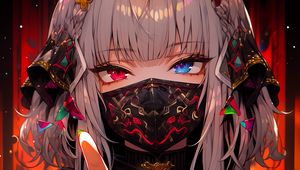 Превью обои девушка, маска, жест, украшения, гетерохромия, аниме, арт