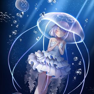 Превью обои девушка, медуза, подводный мир, аниме, арт