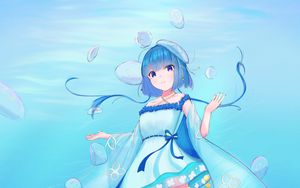 Превью обои девушка, медузы, вода, под водой, синий, аниме