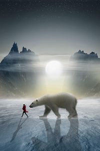 Превью обои девушка, медведь, снег, горы, полярный, друг, фотошоп