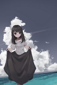 Превью обои девушка, море, пляж, платье, аниме, арт