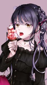Превью обои девушка, мороженое, десерт, высунутый язык, аниме