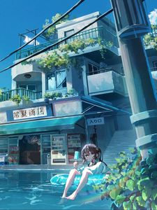 Превью обои девушка, мороженое, вода, здание, аниме