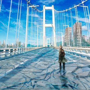 Превью обои девушка, мост, одиночество, трещины, арт