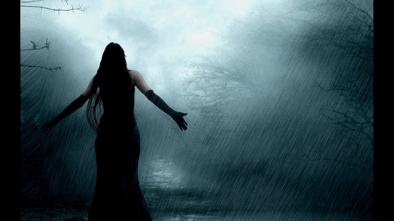Обои девушка, мрак, дождь, ворон