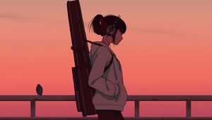 Превью обои девушка, музыкант, гитара, наушники, арт