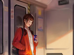 Превью обои девушка, наушники, напиток, арт