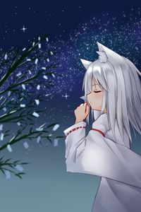 Превью обои девушка, неко, дерево, лепестки, снег, аниме