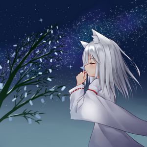 Превью обои девушка, неко, дерево, лепестки, снег, аниме