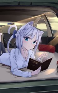 Превью обои девушка, неко, книга, автомобиль, аниме